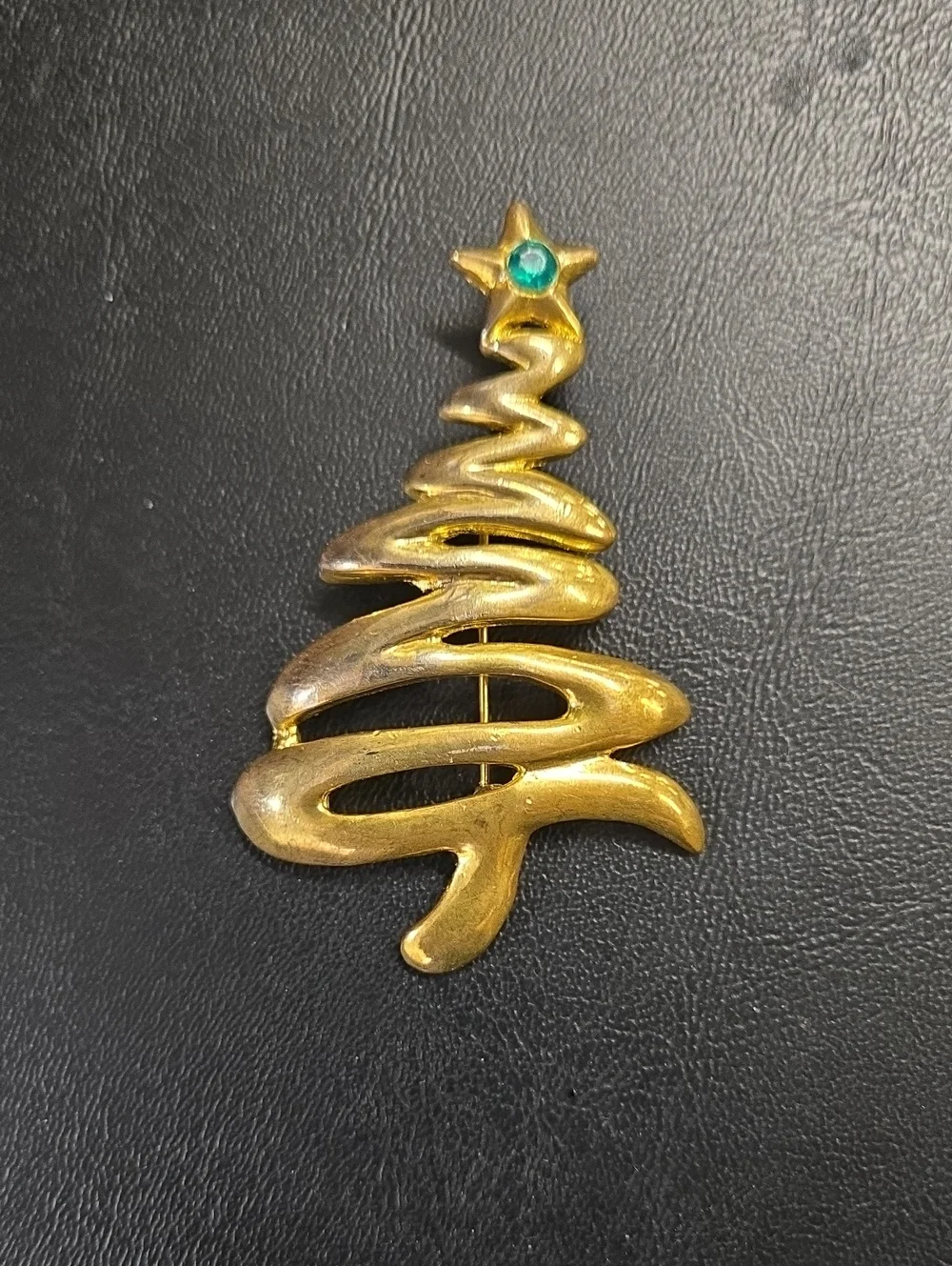 Gold-tone Christmas Tree Brooch with Green Gem Accent